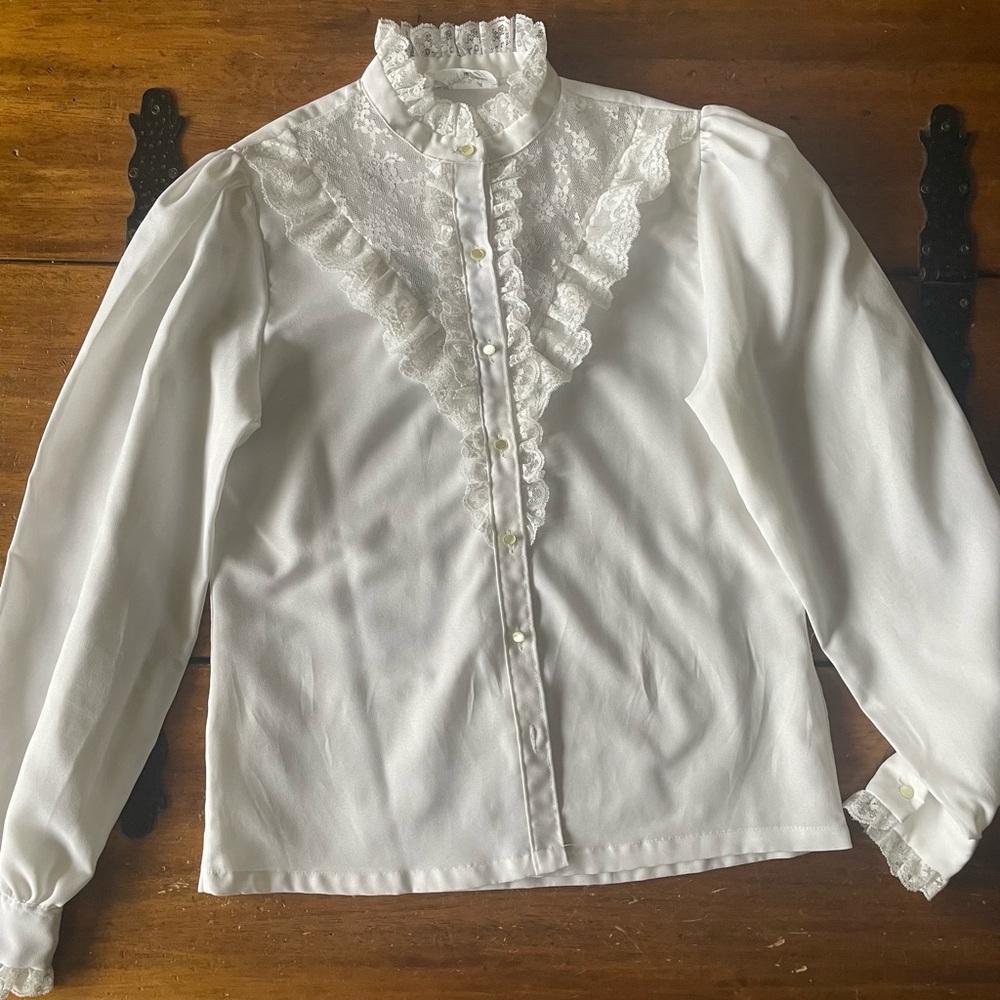 Vintage Shapely Ruffle Victorian Blouse White 12 Fairygoth Cottagecore Prairie - Picture 9 of 10